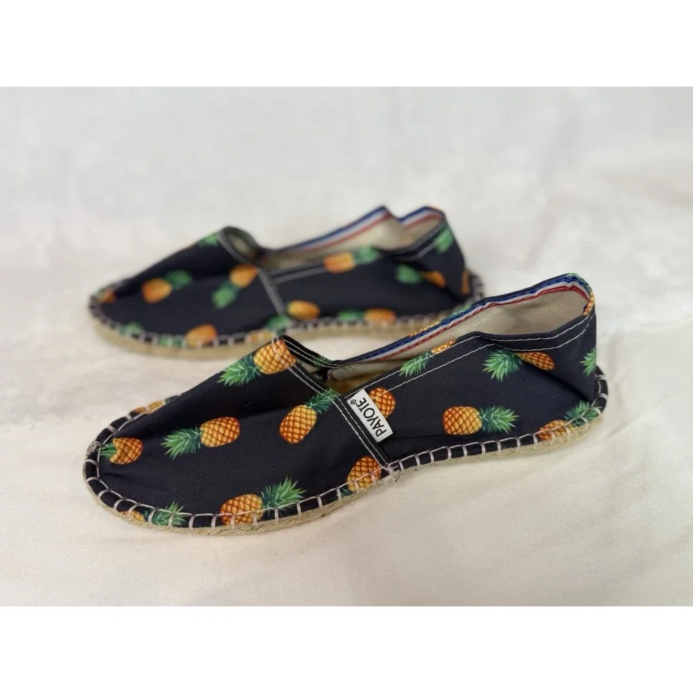 Women's Pineapple Print Espadrille Flats Sz 40 Navy Tropical Summer Beach French